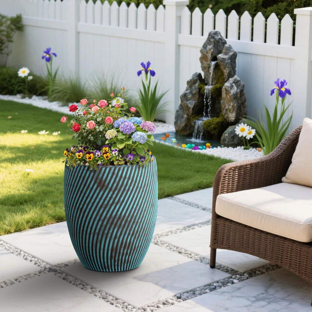 21 in.W x 23.5 in.H Tall Round Concrete Flower Plant Pot with Turquoise Stripes Extra Large Planter with Drainage Holes price history on PriceWatchPro