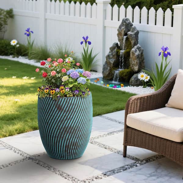 21 in.W x 23.5 in.H Tall Round Concrete Flower Plant Pot with Turquoise Stripes Extra Large Planter with Drainage Holes