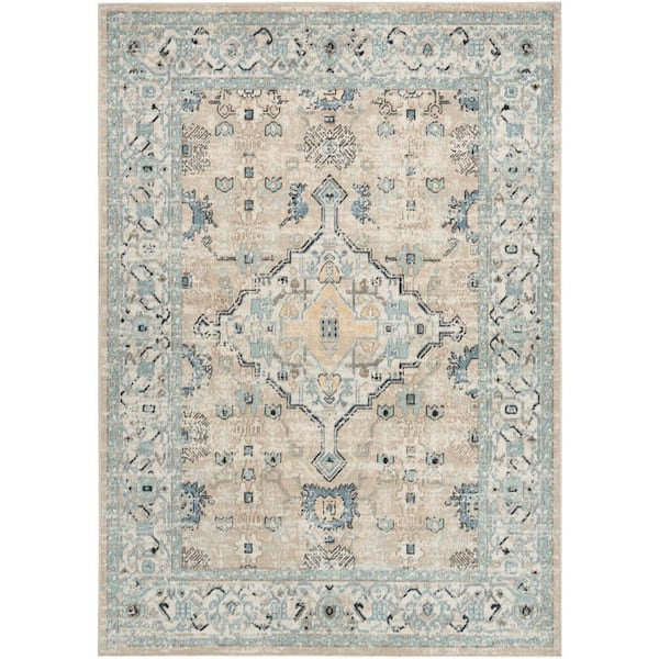 Nourison Washable Decor Taupe Blue 5 ft. x 7 ft. Center medallion Traditional Area Rug