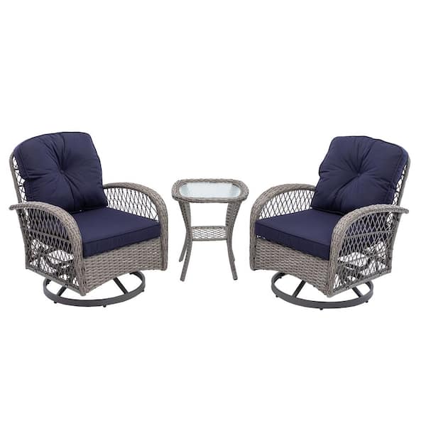 Unbranded 3 Pieces Outdoor Wicker Patio Conversation Set Swivel Rocking Chair with Navy Blue Thickeneed Cushions and Glass Table