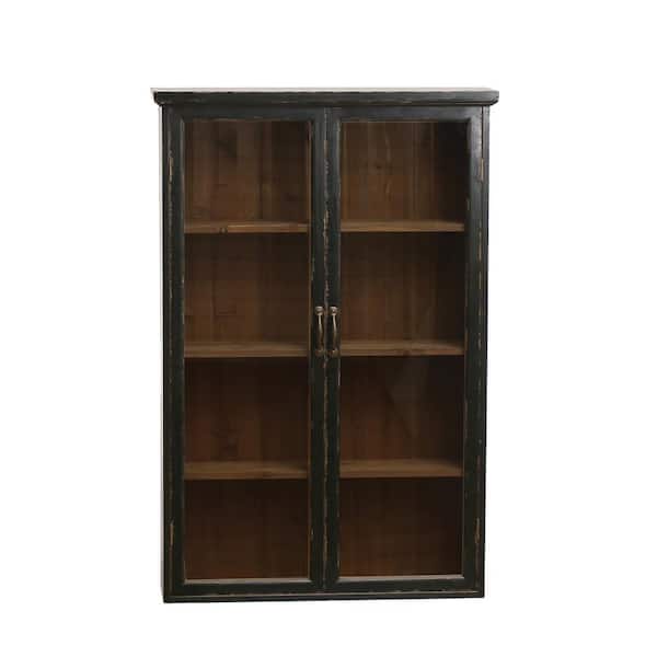 Storied Home Black and Natural 48 in. H Wood and Glass Display Storage Cabinet with 3-Shelves and 2-Doors