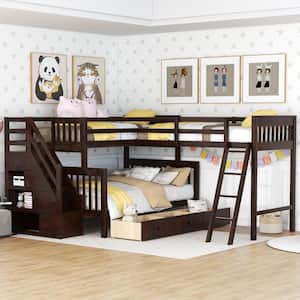 L Shaped Brown Bunk Bed for 3,Wood Triple Twin Over Full Size Bunk Bed Frame with 3-Storage Drawers,Ladder and Staircase