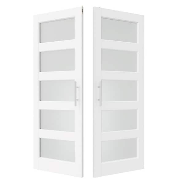 TENONER 64 in. x 80 in. Solid Wood and MDF, 5 Lite, Frosted Glass, White Primed, Pantry Door, Interior Door Slab with Ball Catch