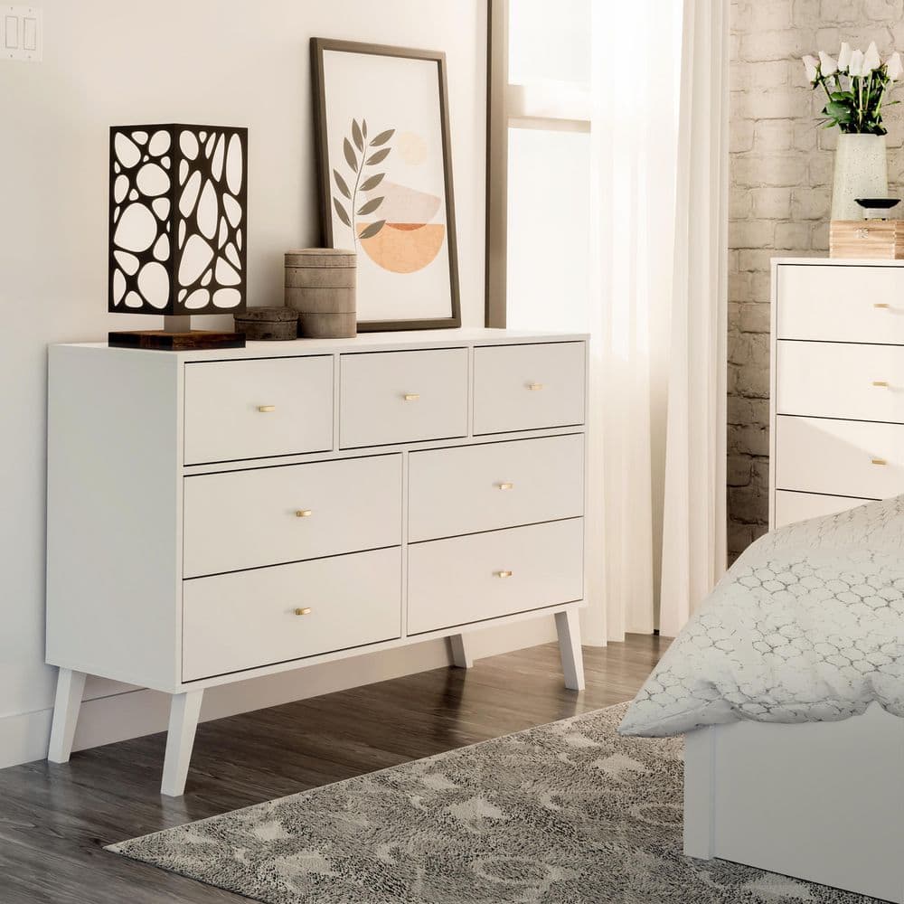 White Mid-Century Modern Double Dresser with Brass Knobs