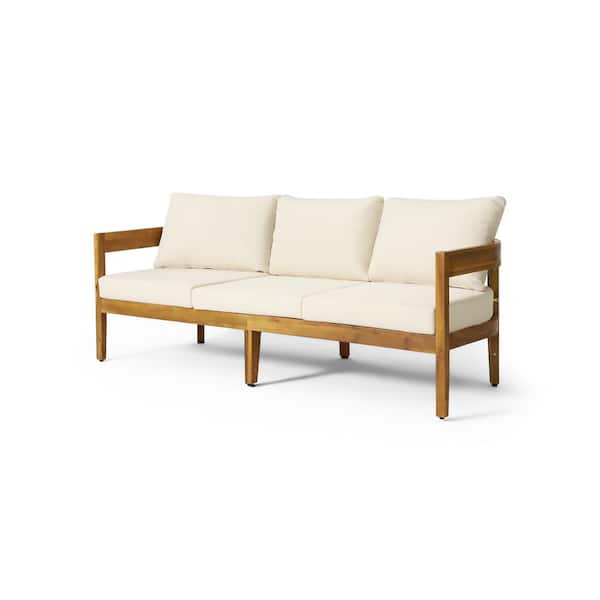 Noble House Burrough Teak Wood Outdoor Couch with Beige Cushions