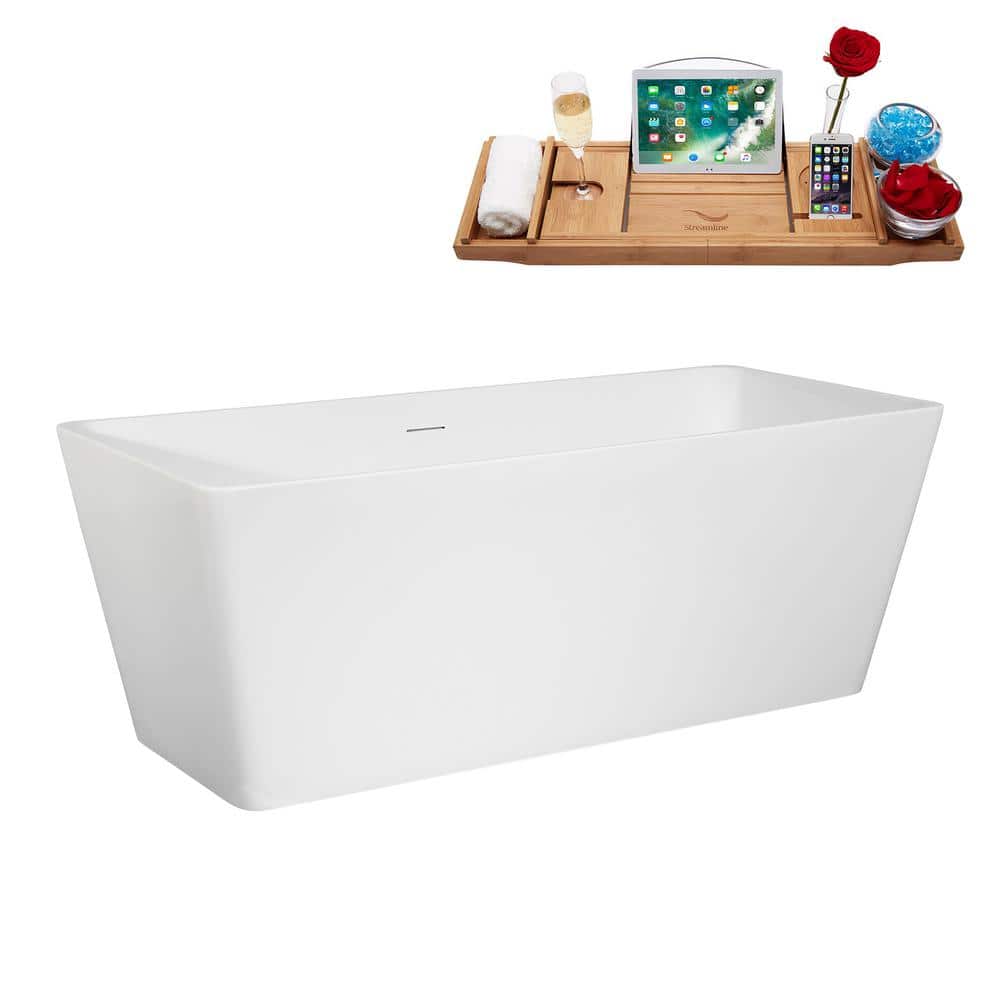 59" Glossy White Acrylic Freestanding Soaking Bathtub with Bamboo Tray