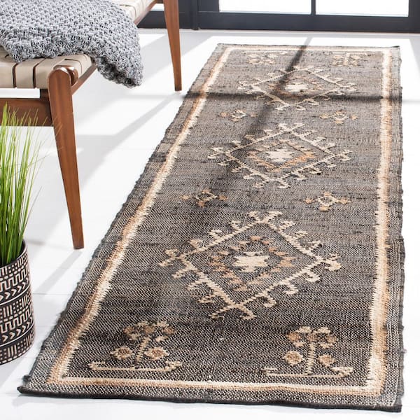 Kilim Black/Ivory 2 ft. x 8 ft. Native American Border Runner Rug