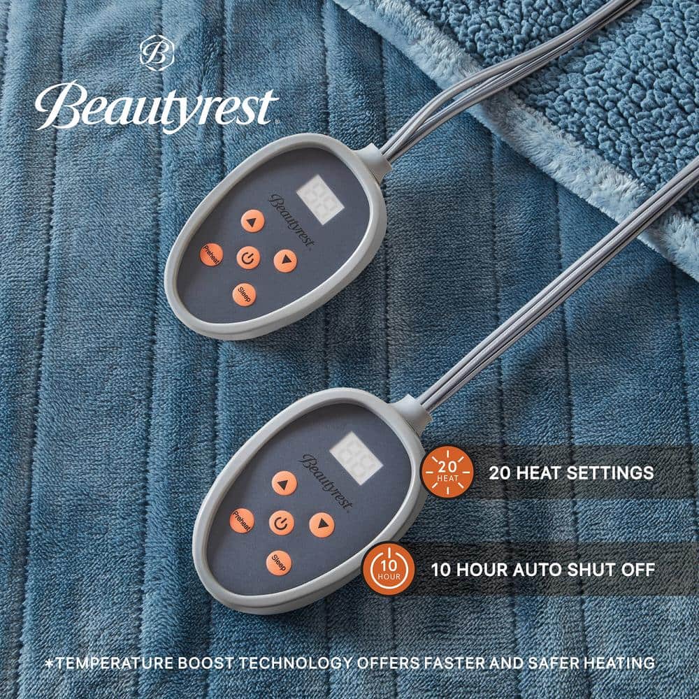 Twin Blue Reversible Plush Heated Blanket