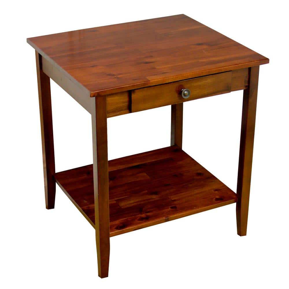 Mahogany Solid Acacia Wood End Table with Drawer and Shelf