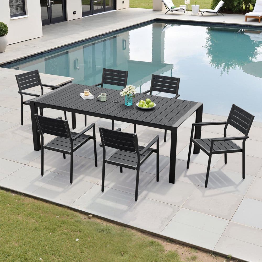 Black 7-Piece Aluminum Rectangular 83.86 in. Table Outdoor Dining Set with Armchairs