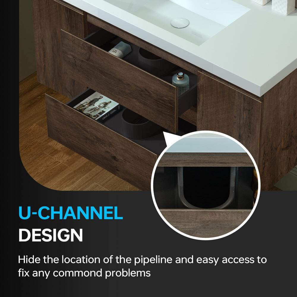 47" Rose Wood Floating Vanity with White Resin Top