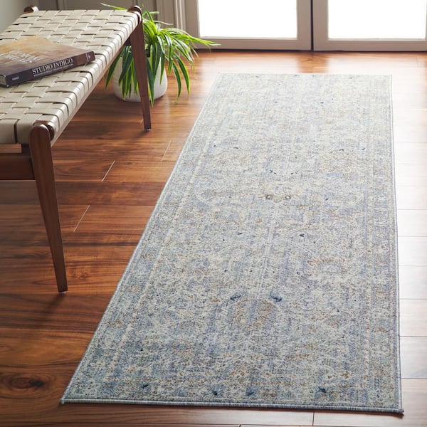 Antique Patina Blue/Ivory 2 ft. x 8 ft. Border Floral Runner Rug