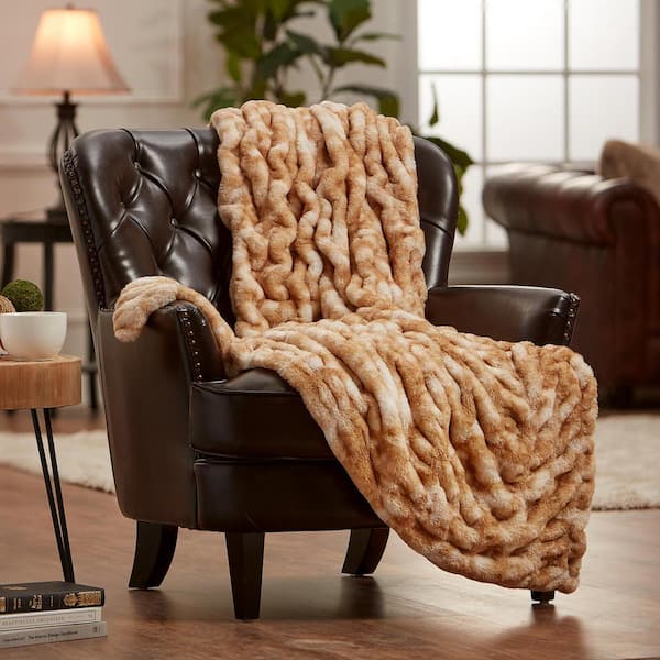 CHANASYA Ruched Hazel Faux Fur Reversible Minky Throw Blanket, 50 x 65 Inches