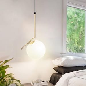 Gold 60-Watt 1-Light Straight Globe Pendant Light with White Frosted Glass Shade