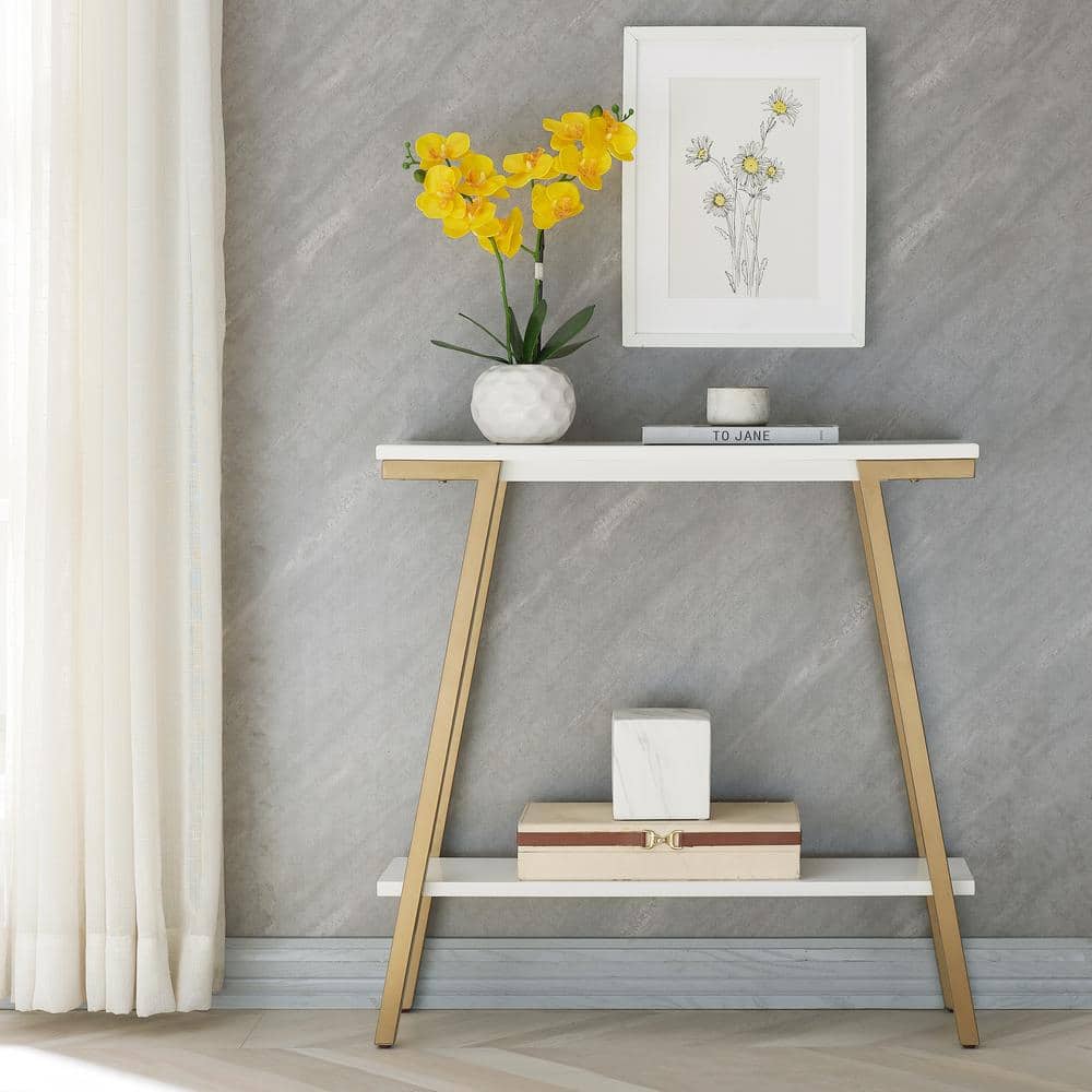 White Wood and Gold Metal Console Table with Storage