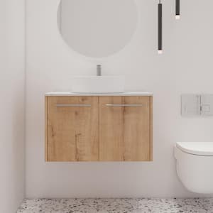 29.5 in. W x 18.9 in. D x 23 in. H Wall-Mounted Bathroom Vanity in Light Brown with White Ceramic Top