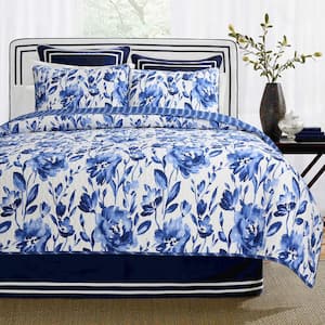 Sapphire 3-Piece Floral Water Color Royal Blue Flowers Cotton Queen Quilt Bedding Set