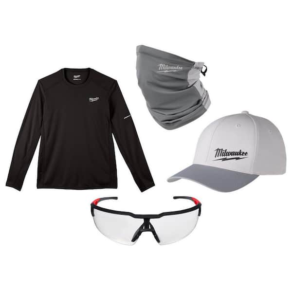 Milwaukee Men's WORKSKIN X-Large Black Long Sleeve T-Shirt with Small/Medium Gray WORKSKIN Hat, Gray Gaiter & Clear Safety Glasses