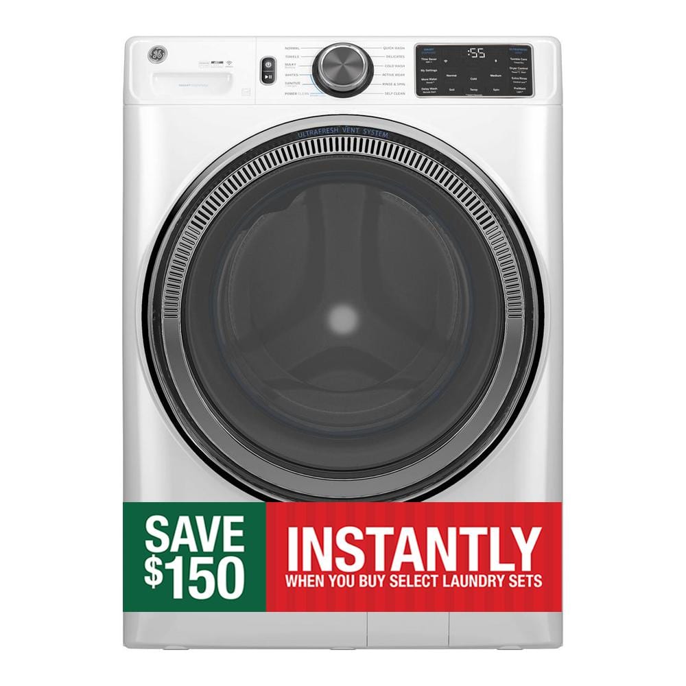 GE 5.0 cu.ft. Smart Front-Load Washer in White with Steam, UltraFresh Vent System, and Microban Technology