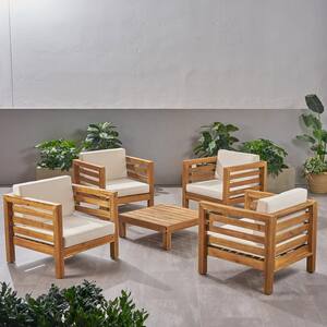 Oana Teak Brown 5-Piece Wood Patio Conversation Seating Set with Beige Cushions