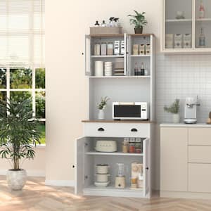 White Engineered Wood Kitchen Pantry Cabinet Storage Hutch with Adjustable Shelves, Buffet Cupboard and Microwave Stand