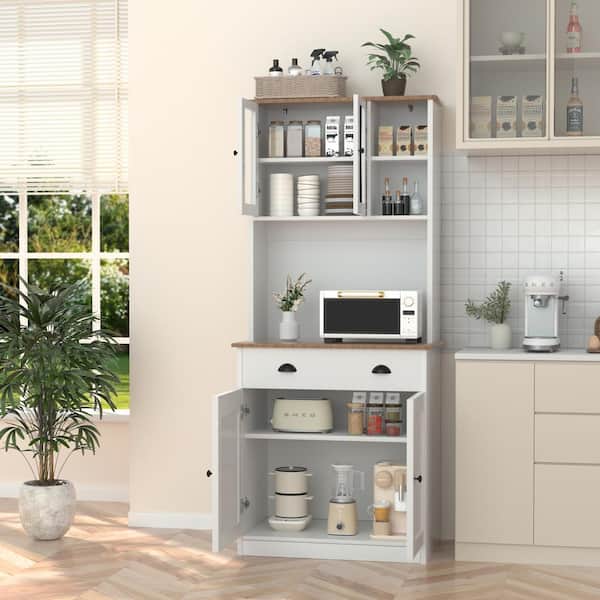 White Engineered Wood Kitchen Pantry Cabinet Storage Hutch with Adjustable Shelves, Buffet Cupboard and Microwave Stand