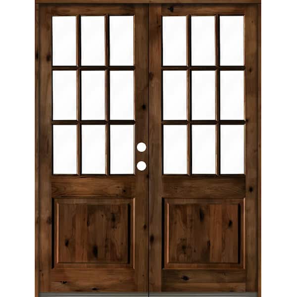 Krosswood Doors 72 in. x 96 in. Craftsman Knotty Alder Wood Clear 9-Lite Provincial Stain Left Active Double Prehung Front Door