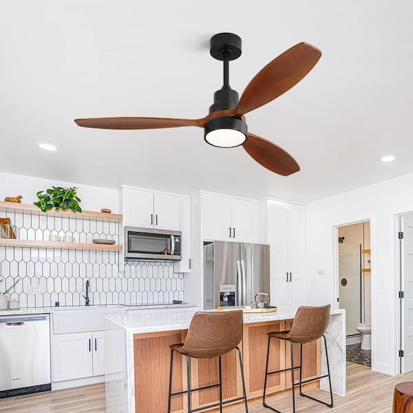 52 in. Indoor/Outdoor Wooden Ceiling Fan with 3 Solid Wood Blades Remote Control Reversible DC Motor with Led Light