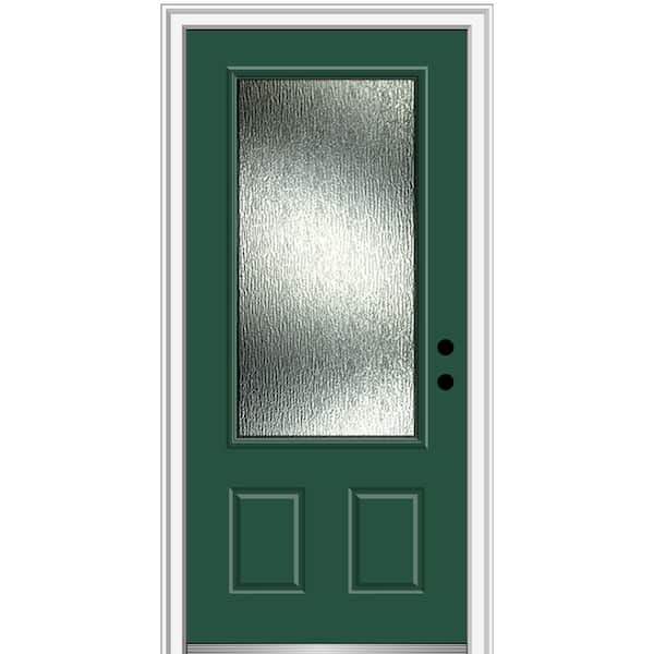 MMI DOOR Rain Glass 36 in. x 80 in. Left-Hand Inswing Hunter Green Fiberglass Prehung Front Door on 4-9/16 in. Frame