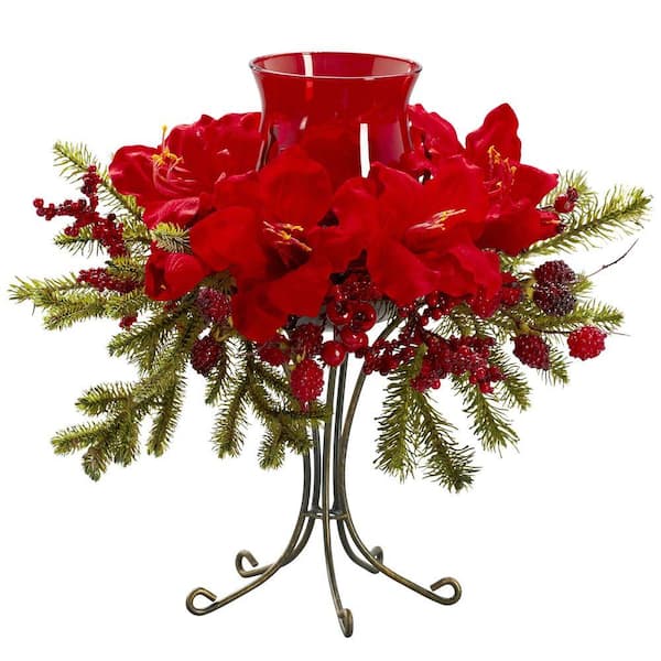 Nearly Natural 15.5 in. Artificial H Red Amaryllis Candelabrum