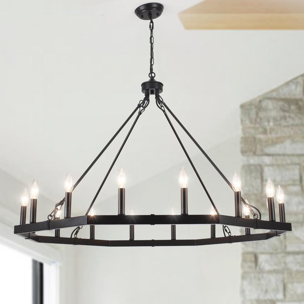 LWYTJO 43 in. 16-Light Black Large Modern Farmhouse Candle Wagon Wheel ...