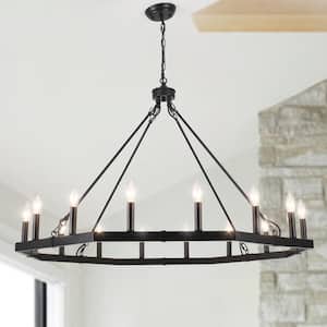 43 in. 16-Light Black Large Modern Farmhouse Candle Wagon Wheel Chandelier for Living Room with No Bulbs Included
