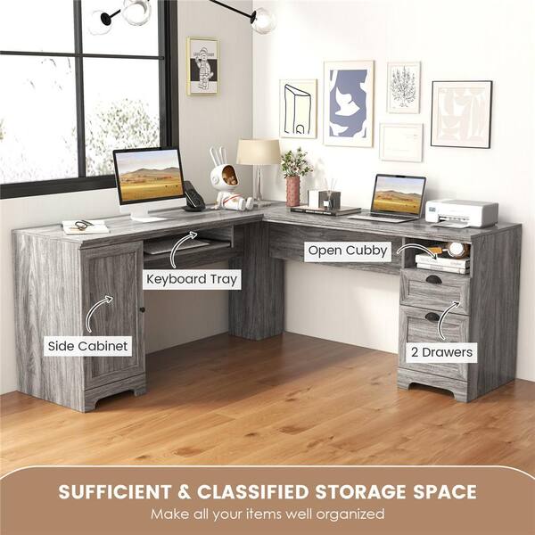 Costway Gray Wood L Shaped 66 in. Corner Computer Desk Writing Table Study Workstation with Drawers Storage QD B73G3GR