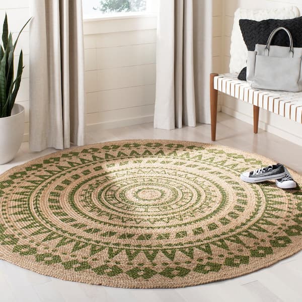 Natural Fiber Green/Beige 3 ft. x 3 ft. Round Border Area Rug