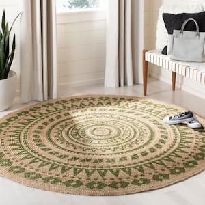 Natural Fiber Green/Beige 8 ft. x 8 ft. Round Border Area Rug