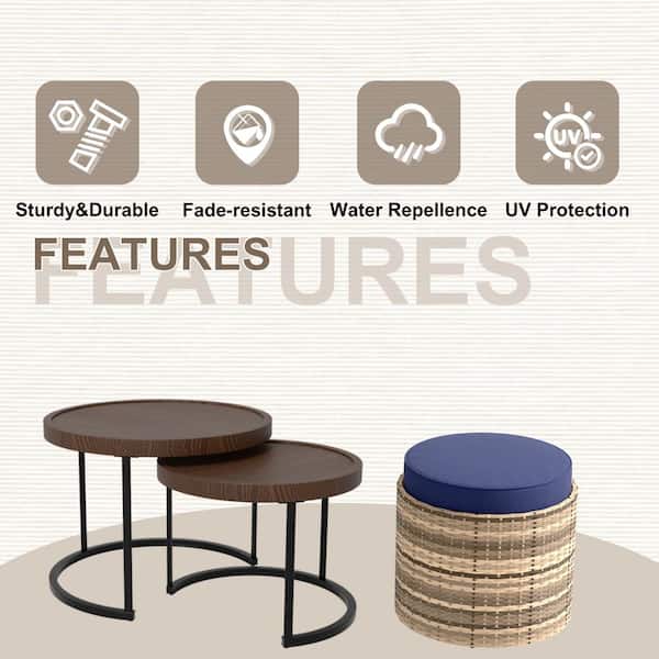 COOS BAY Sand Dune Set Of 3 Round Wood Top Stacking Nesting Coffee Tables With Metal Base And Ottoman With Blue Cushion