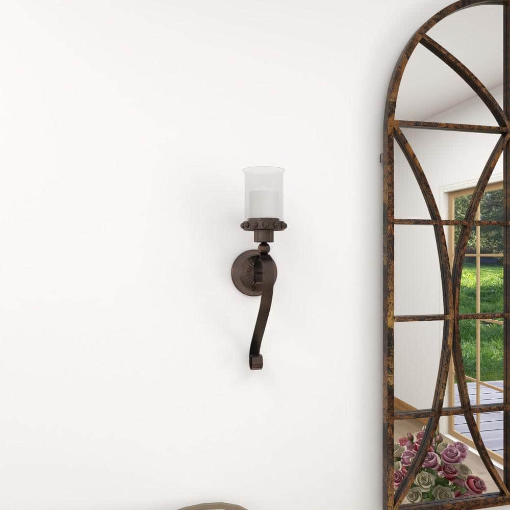 Brown Metal Scroll Wall Sconce with Glass Hurricane