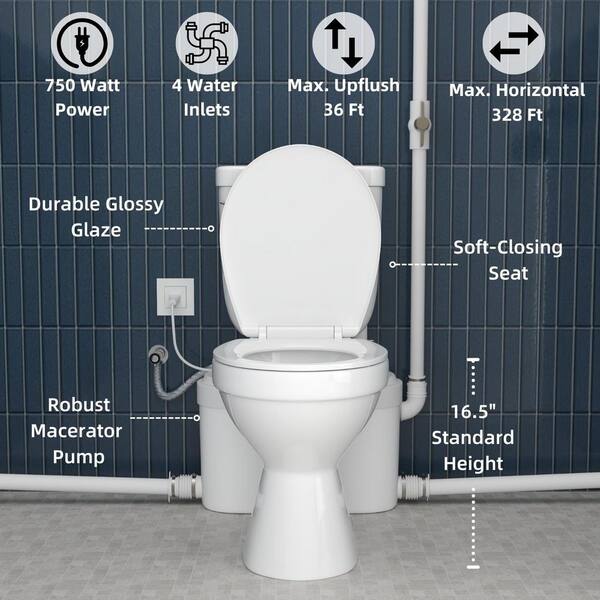 Macerating 2-Piece Toilet with 750W Macerator Pump in White, 1.6 GPF Single Flush, 16.5 in. Seat Height, Extension Pipes
