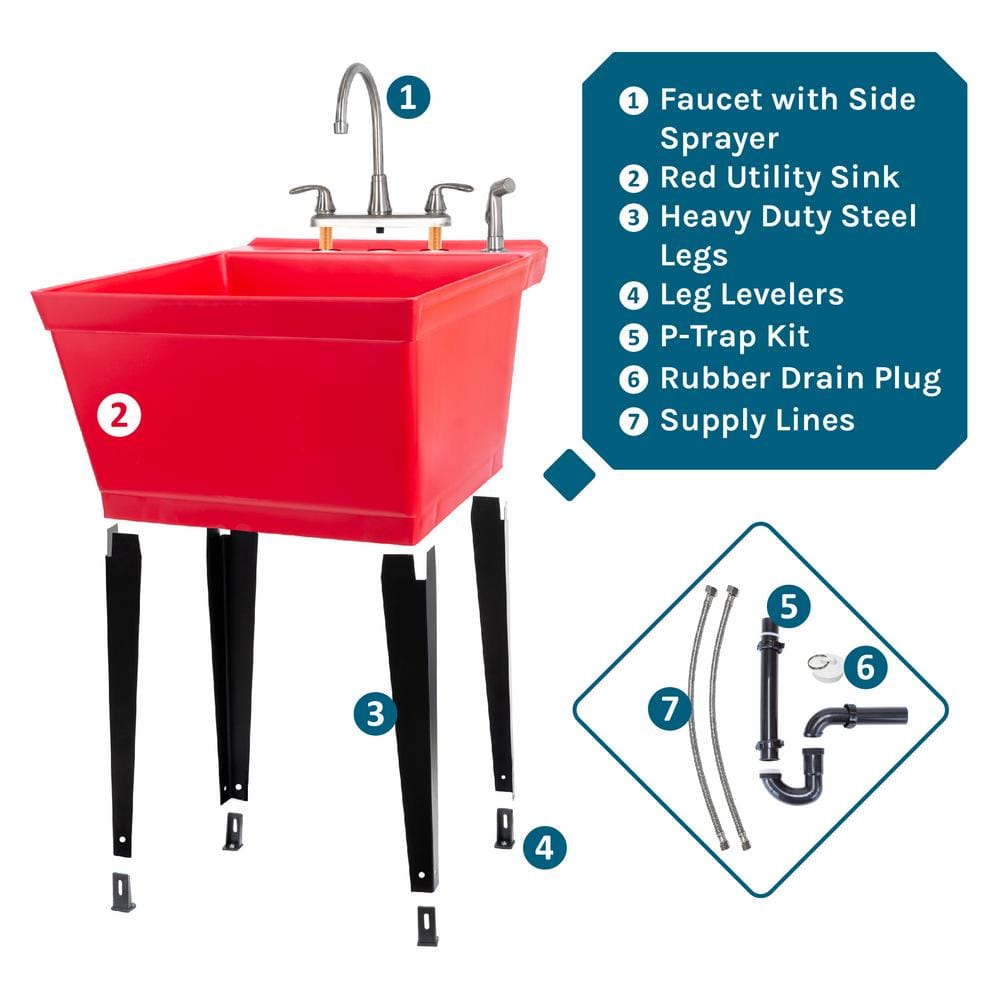 Red Freestanding Laundry Sink with Stainless Steel Faucet