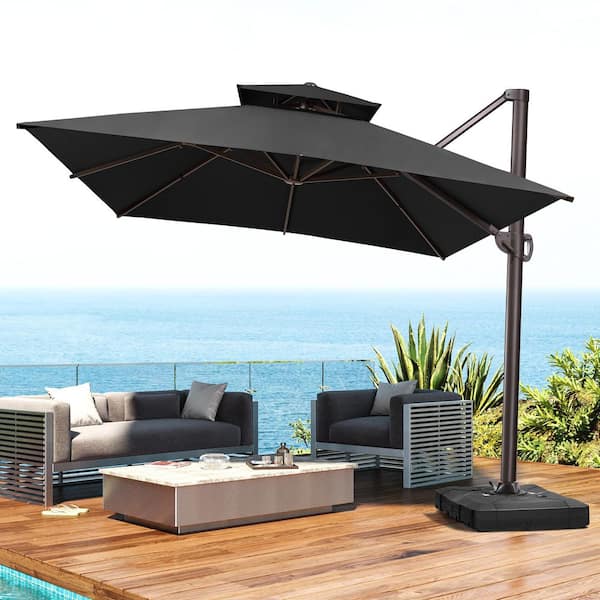 10 ft. x 13.5 ft. Aluminum Cantilever Offset Tilt 360° Rotation Patio Umbrella in Black and 350 lbs. Wheeled Base