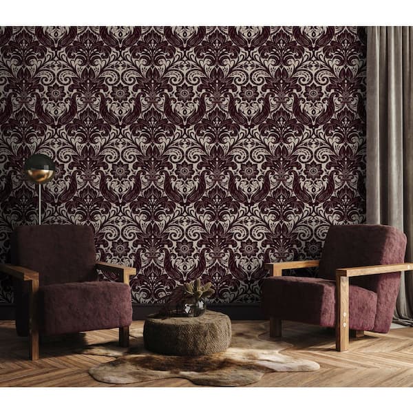 Llewelyn-Bowen Off The Wall Red Damask Sauvage Flocked Finish Non-Pasted Non-Woven Wallpaper Sample