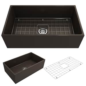 Contempo Farmhouse Apron Front Fireclay 33 in. Single Bowl Kitchen Sink with Bottom Grid and Strainer in Matte Brown