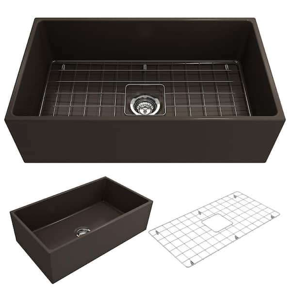 BOCCHI Contempo Farmhouse Apron Front Fireclay 33 in. Single Bowl Kitchen Sink with Bottom Grid and Strainer in Matte Brown