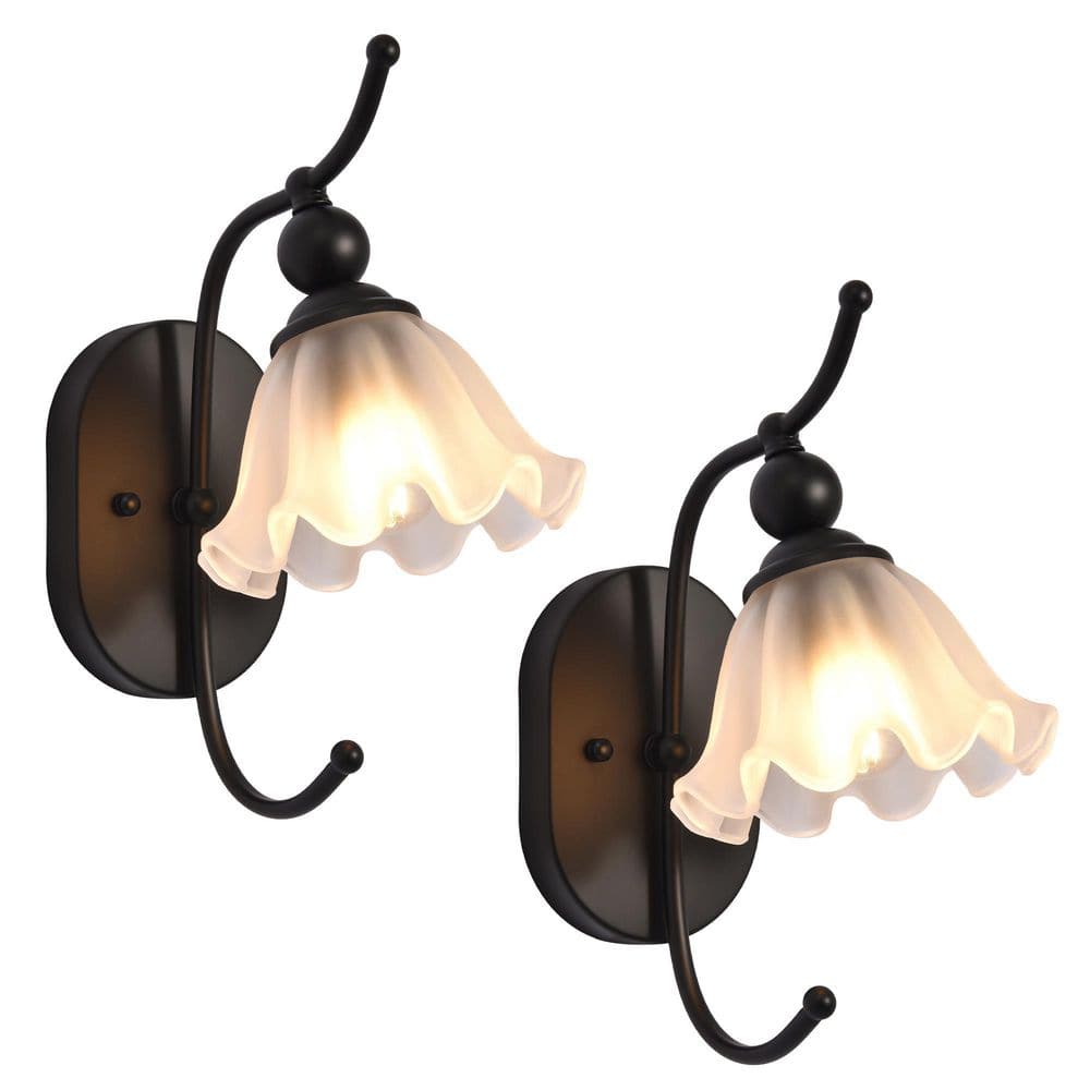 Pack of 2 6.69 in. 1-Light Matte Black Modern Wall Sconce with Floral Glass Shade Adjustable Lighting Fixture price history on PriceWatchPro