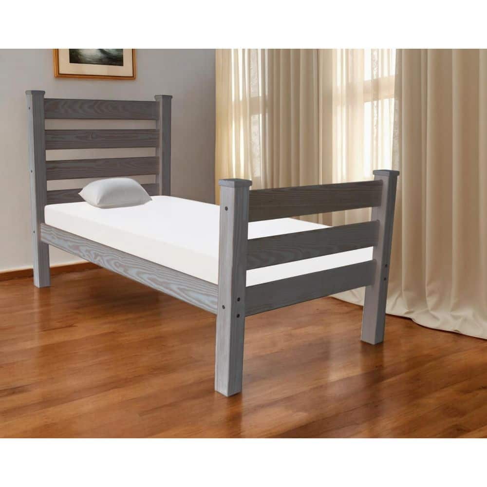 Gray Solid Wood Frame Twin Panel Bed with Distressed Finish