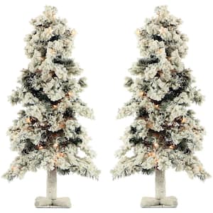 5 ft. Alpine Snow Flocked Christmas Tree with Lifelike Trunk Base and Clear Lights (Set of 2)