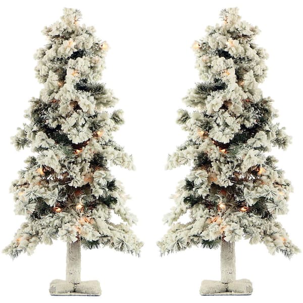 Fraser Hill Farm 5 ft. Alpine Snow Flocked Christmas Tree with Lifelike Trunk Base and Clear Lights (Set of 2)