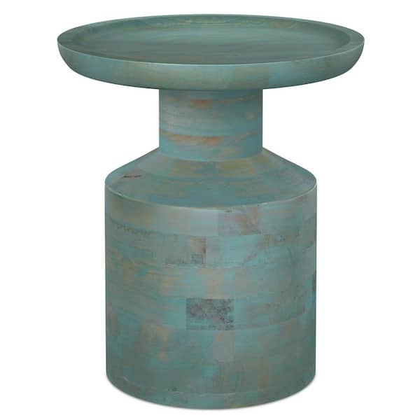 Haynes Solid Mango Wood 16 in. Wide Round Boho Wooden Accent Table in Teal Wash, Fully Assembled