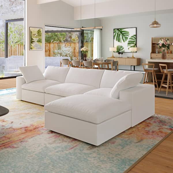 J&E Home 120 in. Square Arm 3-Seater Removable Covers Sofa in White