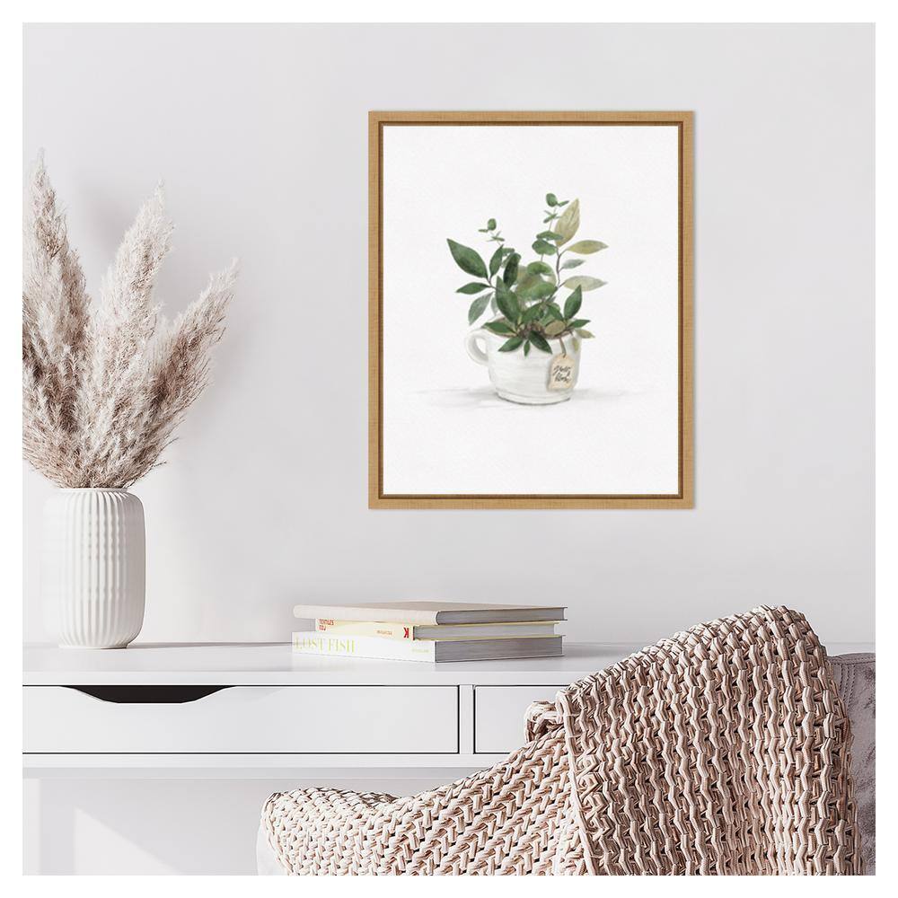Botanical Mug I Green Leaves on White Canvas with Maple Frame